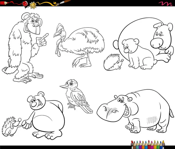 Černobílé Kreslené Ilustrace Zvířat Komiksové Znaky Sada Omalovánky Stránka — Stockový vektor