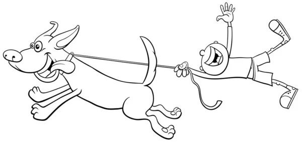 黑白相间的卡通画 描述了滑稽的狗类动物把一个男孩拖到彩色书页上的滑稽形象 — 图库矢量图片