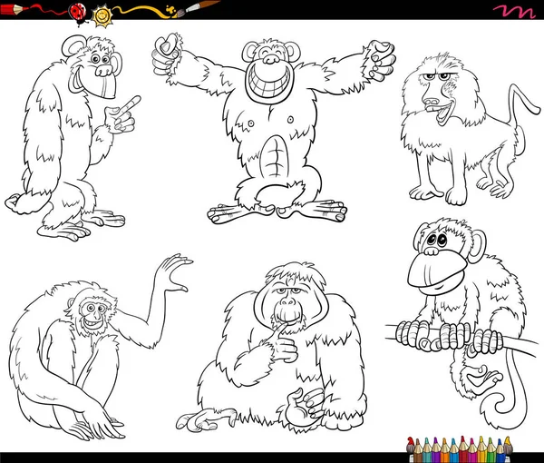 Dibujos Animados Blanco Negro Ilustración Simios Monos Personajes Animales Primates — Vector de stock