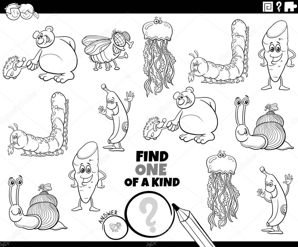 Black and white cartoon illustration of find one of a kind picture educational game with comic characters coloring book page