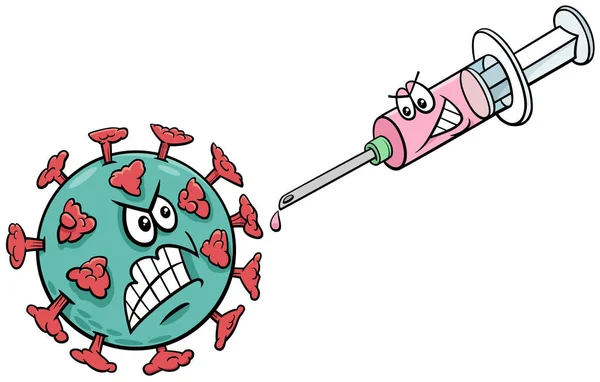 Cartoon Illustratie Van Coronavirus Vaccin Een Spuit — Stockvector