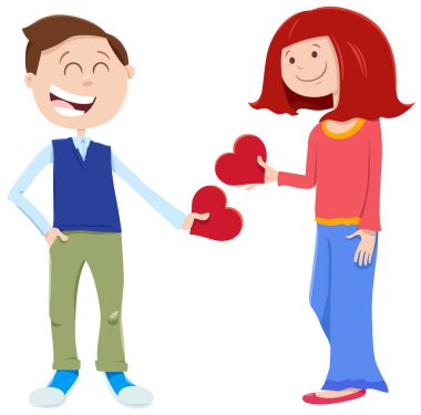 Sevgililer Günü 'nde kalbi olan kız ve erkek karakterlerin olduğu tebrik kartı çizimi.