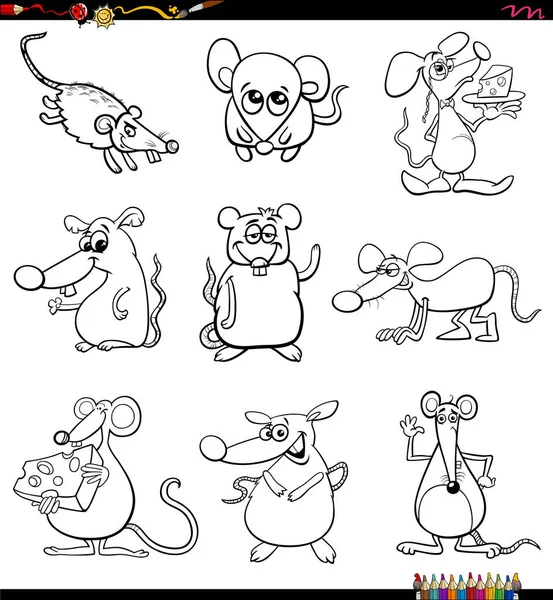 Černobílé Kreslené Ilustrace Myší Komické Zvířecí Postavy Sada Omalovánky Stránka — Stockový vektor