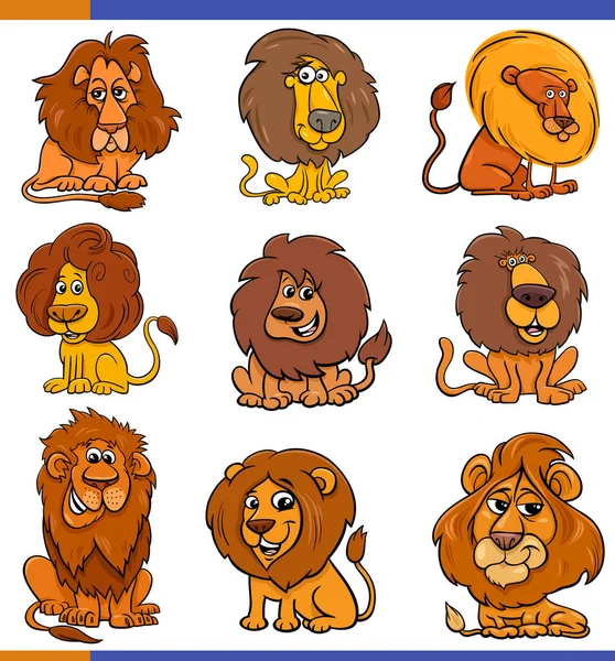 Cartoon Illustratie Van Leeuwen Strip Wild Dier Personages Set — Stockvector