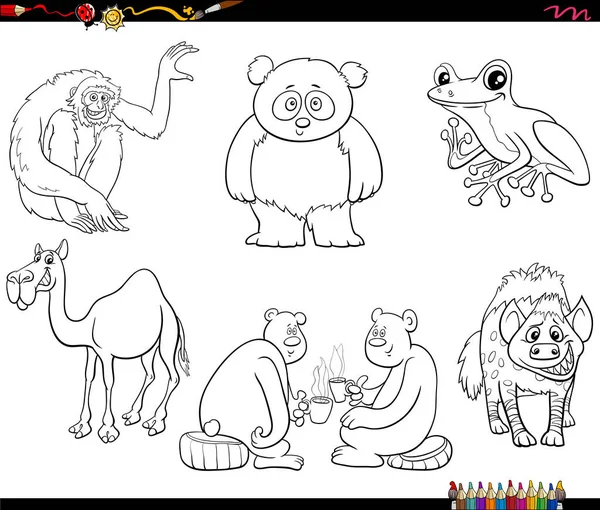 Zwart Wit Cartoon Illustratie Van Dieren Stripfiguren Set Kleurboek Pagina — Stockvector