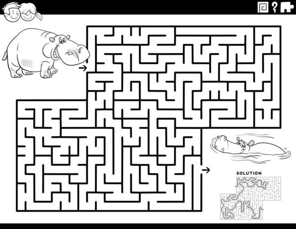 Black White Cartoon Illustration Educational Maze Puzzle Game Children Funny — Stock Vector