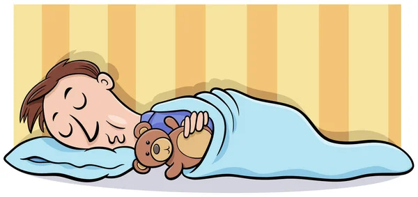 Desenho Animado Ilustração Homem Dormindo Sua Cama Com Ursinho Pelúcia — Vetor de Stock