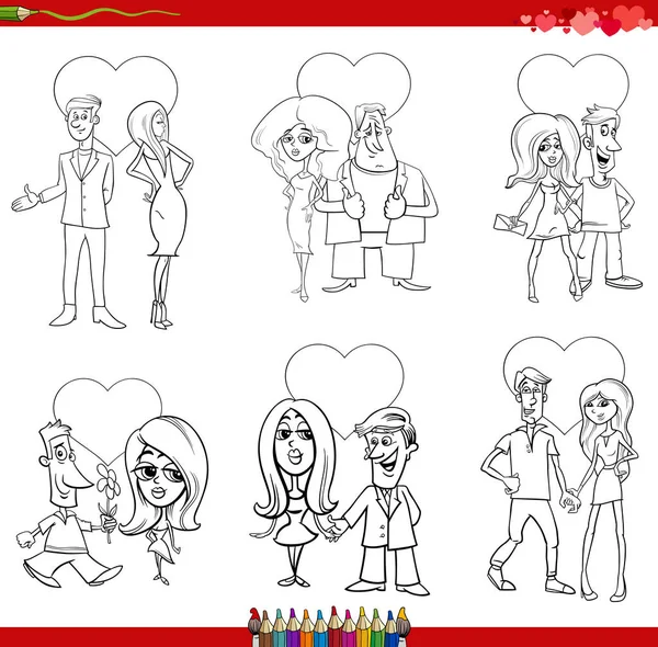Illustrazione Bianco Nero Cartone Animato San Valentino Donne Uomini Coppie — Vettoriale Stock