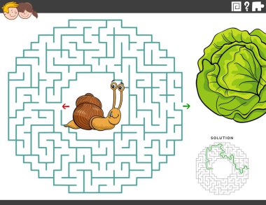Komik salyangoz ve marullu çocuklar için eğitici labirent bulmaca oyununun çizgi film çizimi