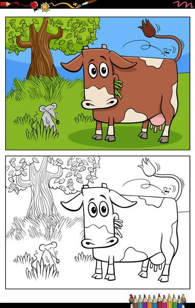 Illustrazione Cartone Animato Mucca Fattoria Personaggio Animale Sul Pascolo Colorazione — Vettoriale Stock