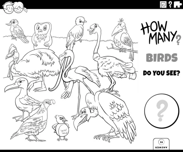 Schwarz Weiße Illustration Des Pädagogischen Zählspiels Für Kinder Mit Zeichentrickvögeln — Stockvektor