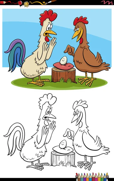 Dibujos Animados Ilustración Gallo Gallina Con Huevo Para Colorear Página — Archivo Imágenes Vectoriales