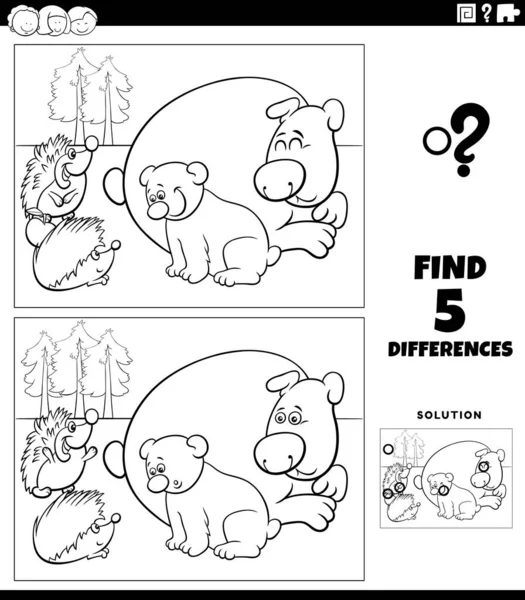 Black White Cartoon Illustration Finding Differences Pictures Educational Game Children — Stock Vector