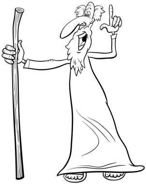 Bilge, peygamber ya da Druid çizgi roman karakter boyama sayfasının siyah beyaz çizimi