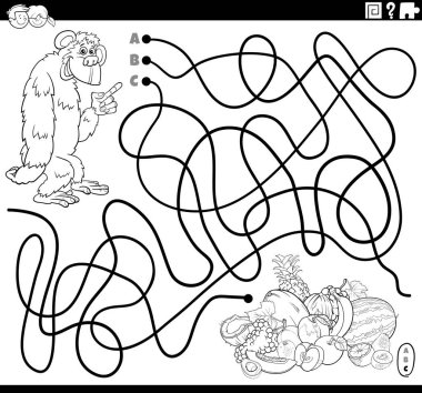 Çizgilerin siyah-beyaz çizimi goril karakteri ve meyve boyama kitabı sayfası ile labirent oyunu