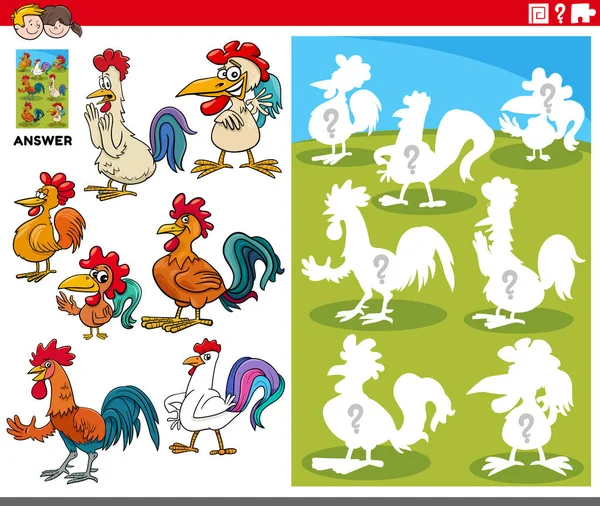 动物配搭图和正确的形状或轮廓与养鸡场动物人物形象教育游戏 — 图库矢量图片