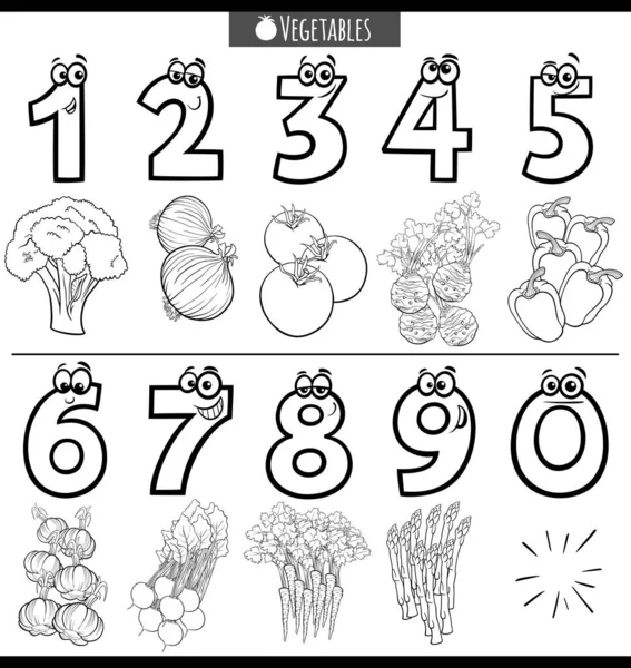 带有蔬菜食品的教育数字从1到9的黑白卡通画 — 图库矢量图片