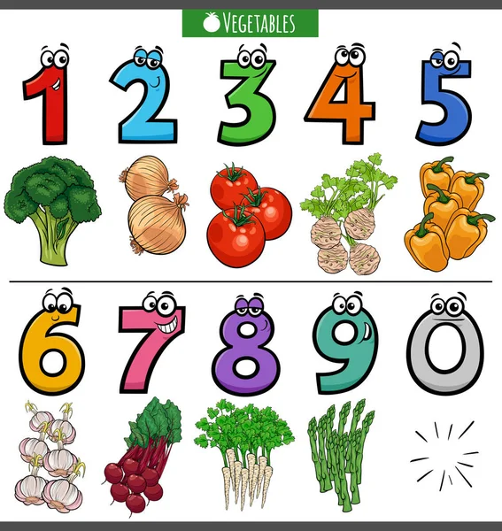 Мультфильм Иллюстрация Образовательных Номеров Овощами Пищевых Объектов — стоковый вектор