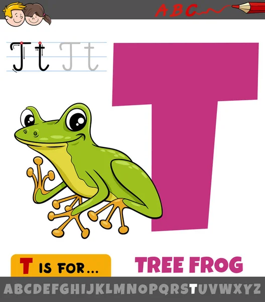 Ilustracja Kreskówki Edukacyjnej Litera Alfabetu Drzewną Żabą Charakter Zwierzęcy Dla — Wektor stockowy