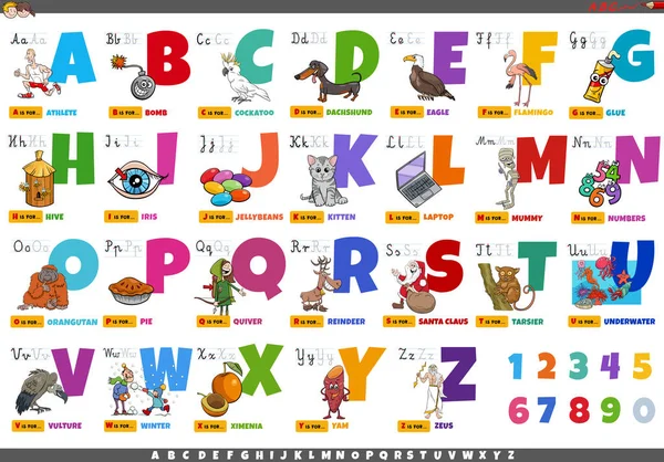 子供のための読み書き教育のための面白い文字やオブジェクトで設定された大文字のアルファベットの漫画のイラスト — ストックベクタ