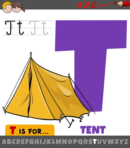 Educatieve Cartoon Illustratie Van Letter Uit Alfabet Met Tent Voor — Stockvector