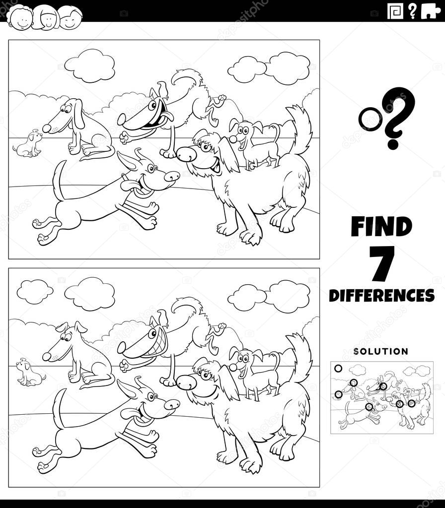 Black and white cartoon illustration of finding the differences between pictures educational game for children with happy dog characters group coloring book page