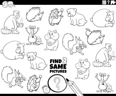 Komik hayvan karakterleri boyama kitabı sayfasında aynı iki resmi bulmanın siyah beyaz çizimi.