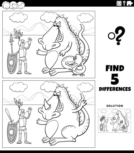 黑白卡通画揭示了骑士与龙奇幻人物配图教育游戏在书页上的区别 — 图库矢量图片