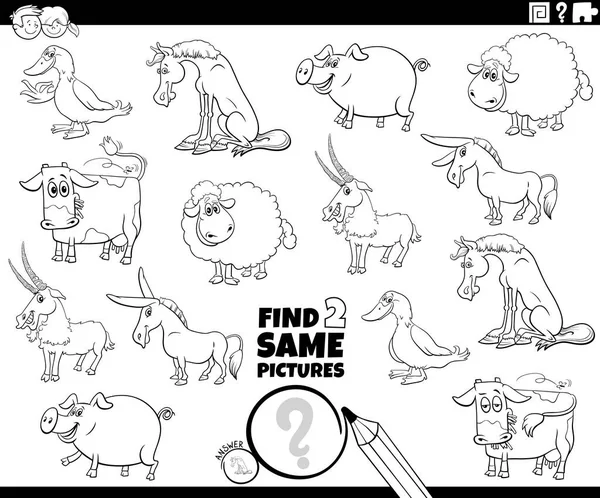 農場の動物の文字のぬり絵の本のページと同じ写真教育の仕事を見つけるの黒と白の漫画のイラスト — ストックベクタ