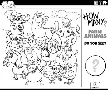 Çizgi film çiftlik hayvanı karakterleri grup boyama kitabı sayfası olan çocuklar için eğitici sayma oyununun siyah ve beyaz çizimi