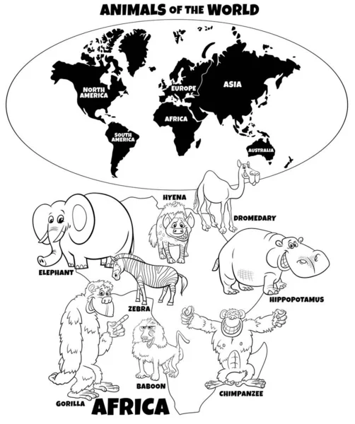 アフリカの面白い動物や大陸の形をした世界地図の黒と白の教育漫画のイラストぬり絵のページ — ストックベクタ