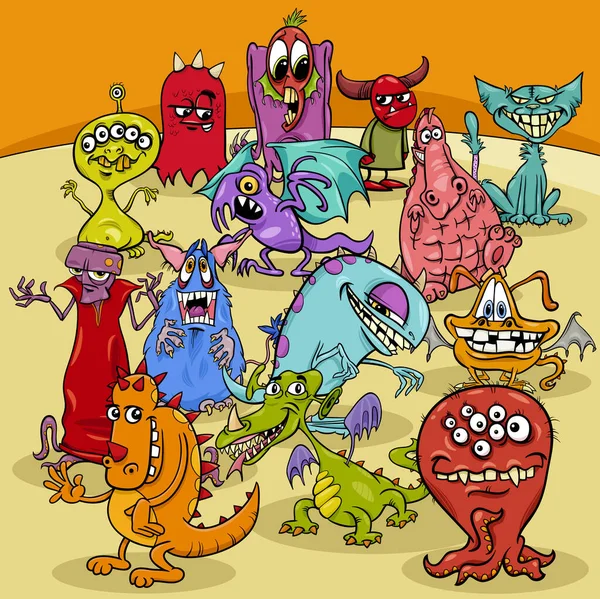 Dibujos Animados Ilustración Monstruos Divertidos Grupo Personajes Fantasía — Vector de stock