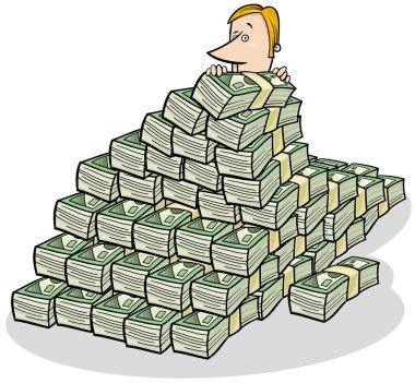 İş adamının karikatür çizimi ve banknotlarda yığınla para.