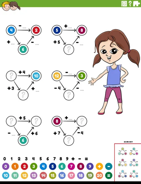 Cartoon Illustration Educational Mathematical Calculation Diagram Task Children Girl Worksheet — Stockový vektor
