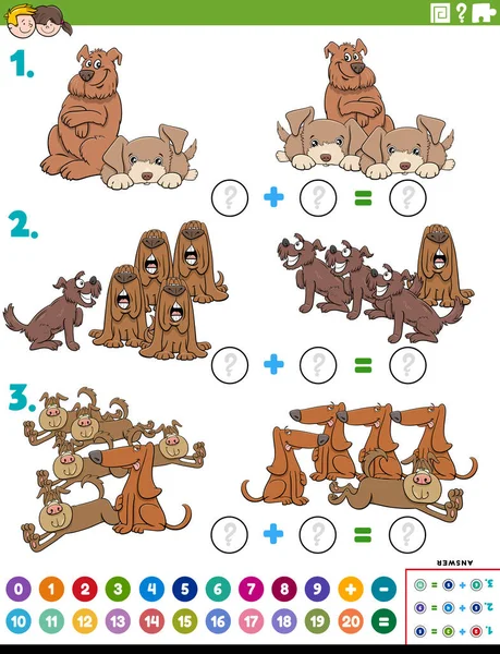 Ilustracja Kreskówek Edukacyjnych Matematyczne Zadanie Dodanie Puzzle Zabawnymi Postaciami Psów — Wektor stockowy