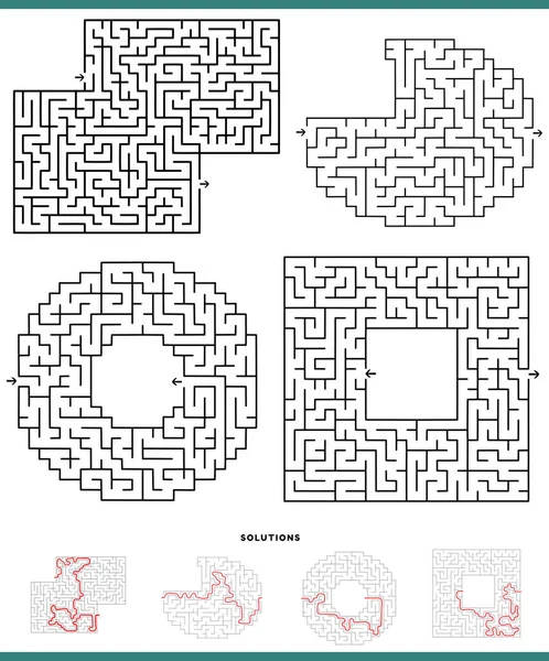 Illustration Von Schwarz Weiß Labyrinthe Freizeitspiel Graphen Mit Lösungen — Stockvektor