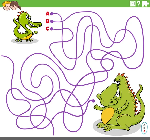 Tecknad Illustration Linjer Labyrint Pusselspel Med Baby Dragon Karaktär Och — Stock vektor