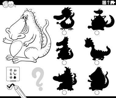 Ejderha fantezi karakter boyama sayfası olan çocuklar için eğitici oyunun doğru gölgesini bulmanın siyah ve beyaz çizimi