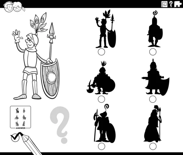 儿童影子教育任务中的黑白卡通图解 骑士角色着色书页 — 图库矢量图片