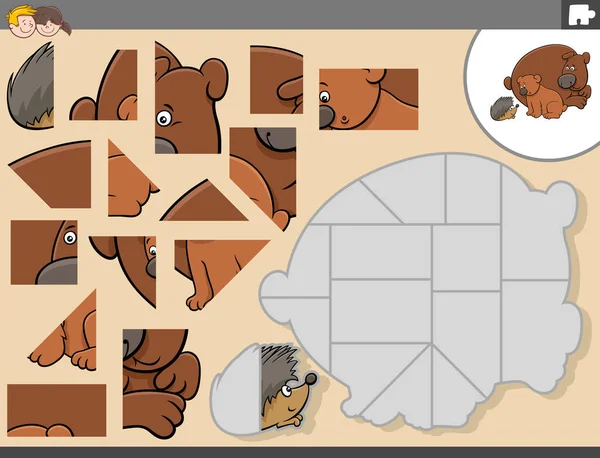 Kreskówka Ilustracja Edukacyjnej Gry Puzzle Układanki Dla Dzieci Niedźwiedzi Jeża — Wektor stockowy