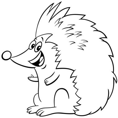 Komik kirpi vahşi hayvan karakter boyama sayfasının siyah beyaz çizimi