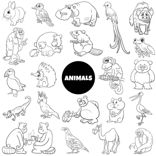 Ασπρόμαυρη Εικονογράφηση Κινουμένων Σχεδίων Των Αστείων Άγριων Ζώων Χαρακτήρες Μεγάλο — Διανυσματικό Αρχείο