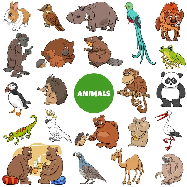 Ilustracja Kreskówki Śmieszne Dzikie Zwierzęta Znaków Duży Zestaw — Wektor stockowy