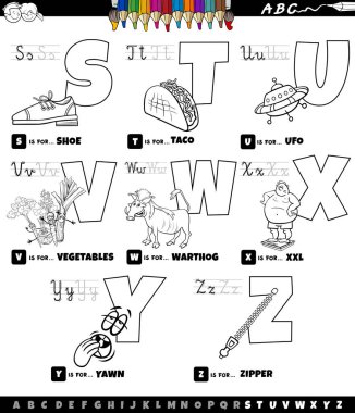 S 'den Z' ye boyama kitabı sayfasına kadar ilköğretim çağındaki çocuklar için okuma ve yazma pratiği için büyük harfli alfabe eğitim setinin siyah-beyaz çizimi