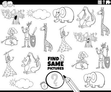 Komik çizgi roman boyama sayfası olan iki aynı eğitici oyunu bulmanın siyah beyaz çizimi