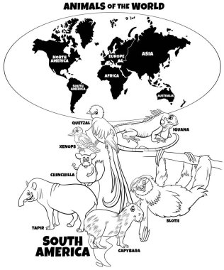 Güney Amerika hayvanlarının ve kıta boyama kitabı sayfası olan dünya haritasının siyah beyaz çizgi film çizimi