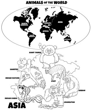 Asya hayvanlarının ve kıta boyama kitabı sayfası olan dünya haritasının siyah beyaz çizgi film çizimi