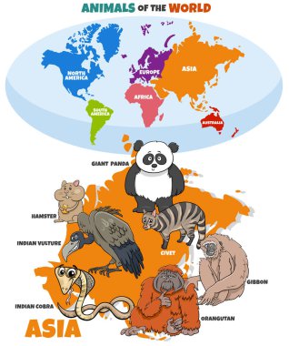 Asya hayvanlarının eğitici karikatür çizimi ve kıtaları olan dünya haritası