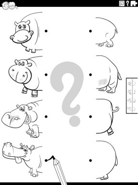 Eğitimsel resimlerin yarısının komik suaygırı hayvan karakterleri boyama kitabı sayfası ile eşleştirilmesinin siyah beyaz çizgi film çizimi