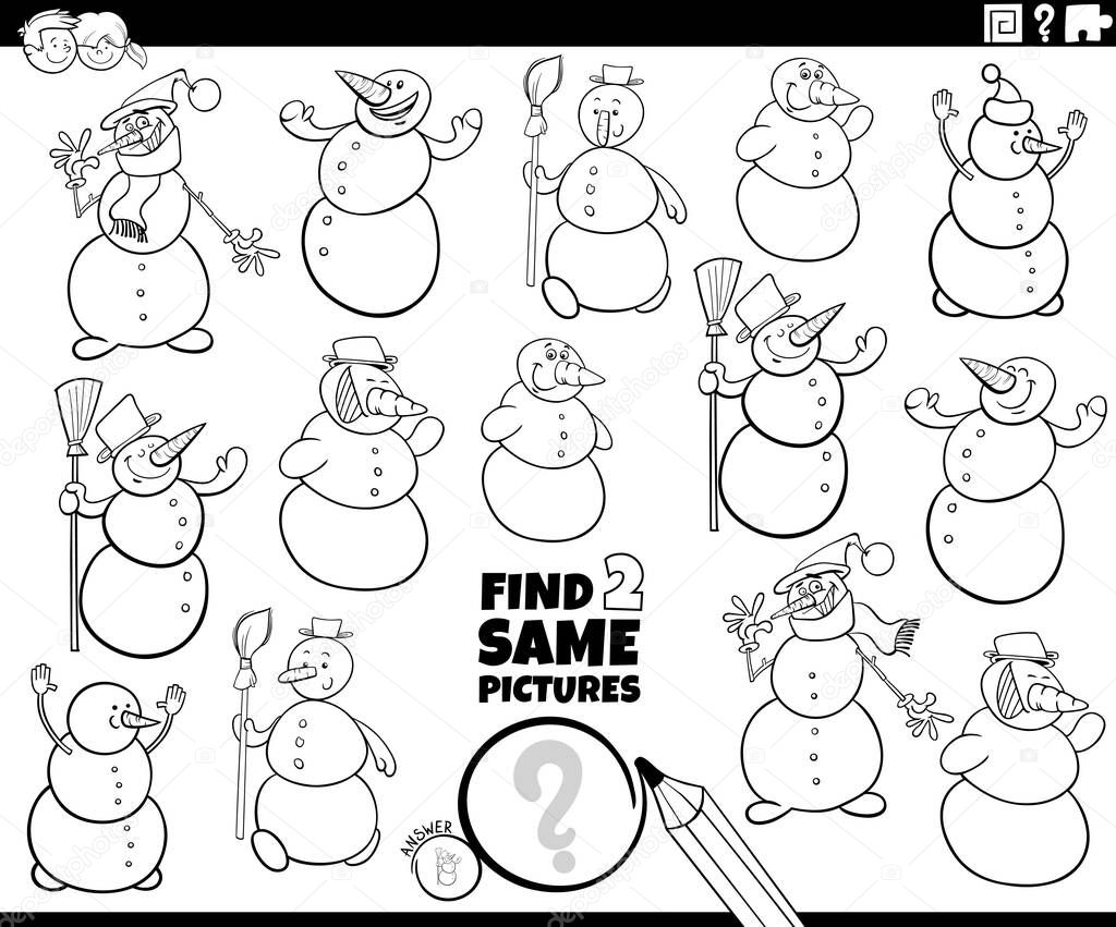 Black and white cartoon illustration of finding two same pictures educational game for children with snowmen characters coloring book page